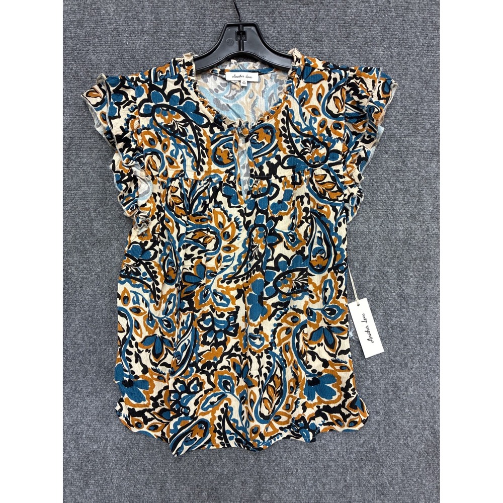 Another Love Paisley Flutter Sleeve Blouse Blue Mustard Rayon Top VCWV5137AUP S